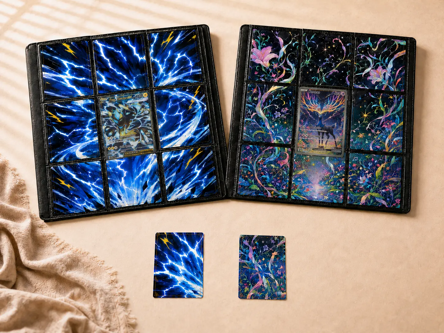 Two nine-pocket binder pages of connected Vaultd artwork — one blue lightning design, one pastel floral design — each built around the collector's own card