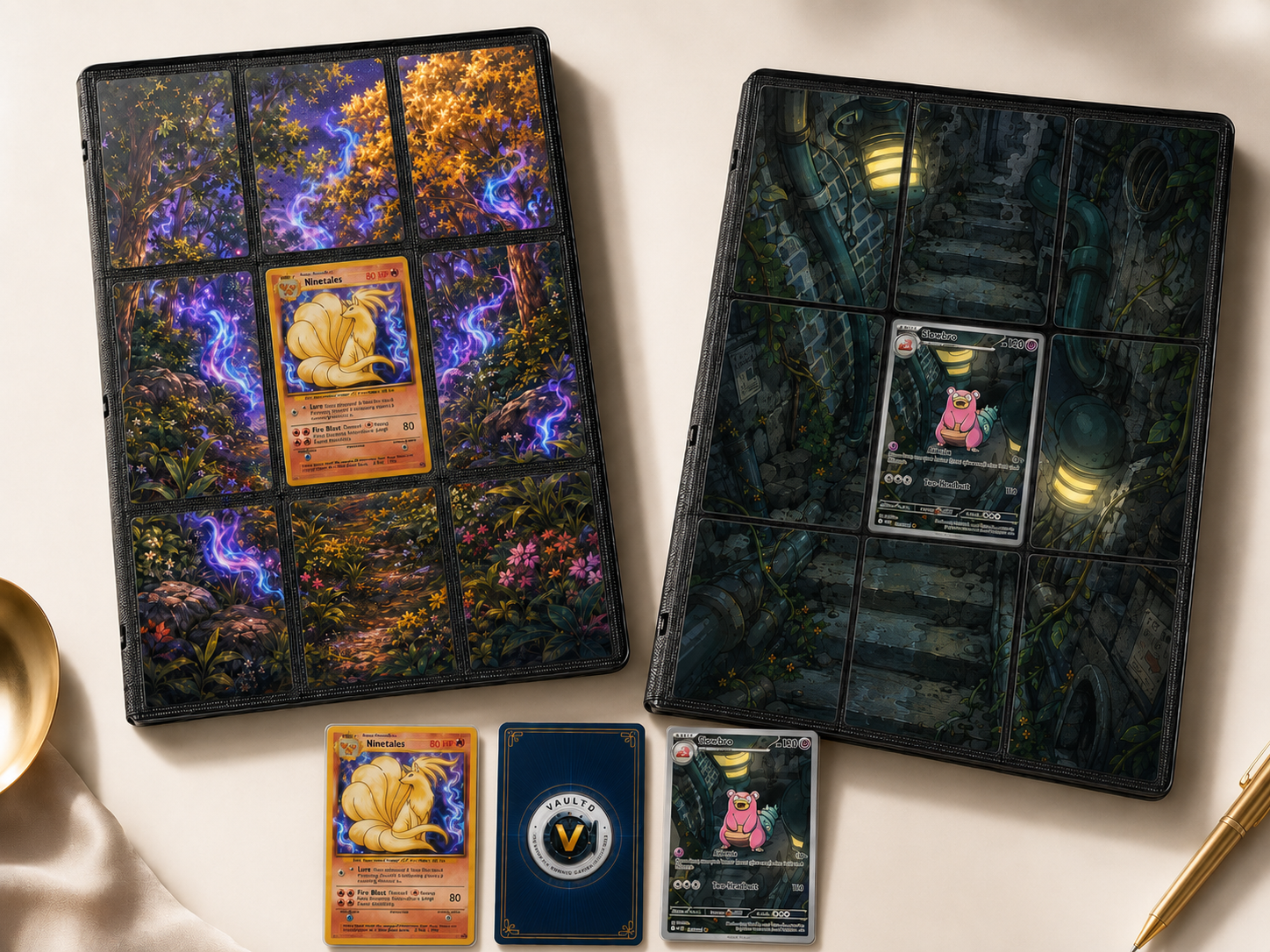 Two open nine-pocket binders filled with Vaultd connected artwork panels around a Ninetales and a Slowbro card, with a navy Vaultd card back resting alongside