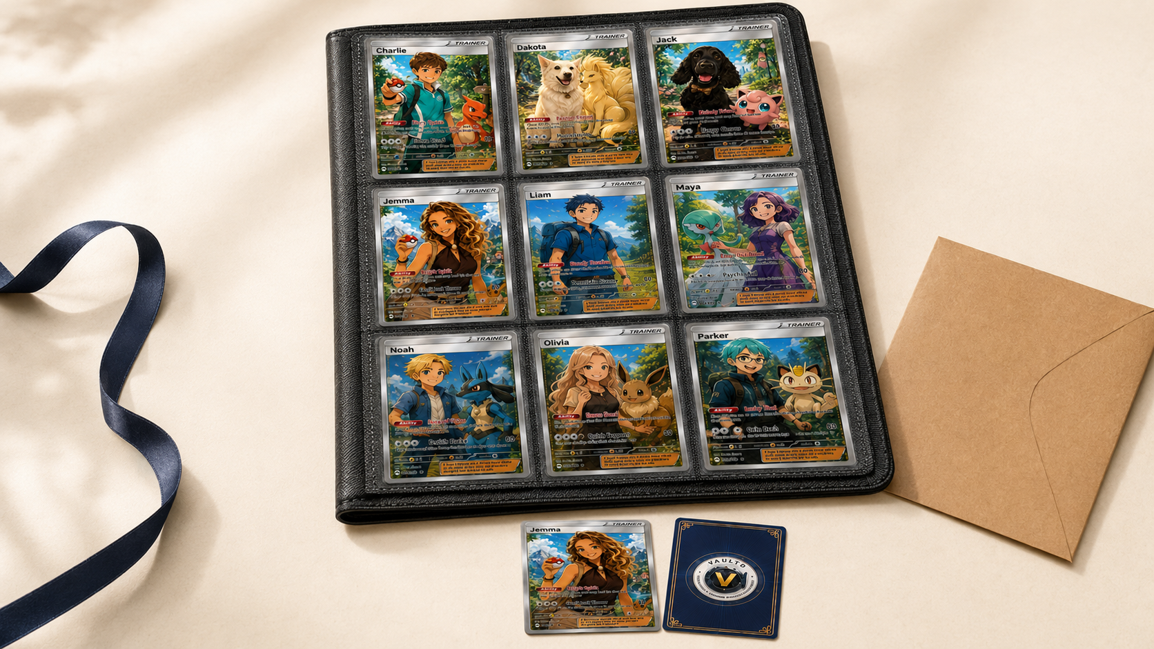 A nine-pocket binder page of personalised Vaultd trainer card prints, each showing a different named character with their companion