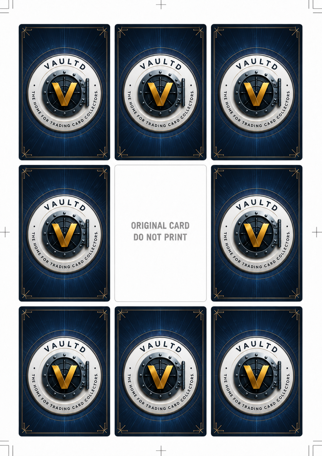 Vaultd navy and gold vault-door card backs printed nine-up on an A4 sheet